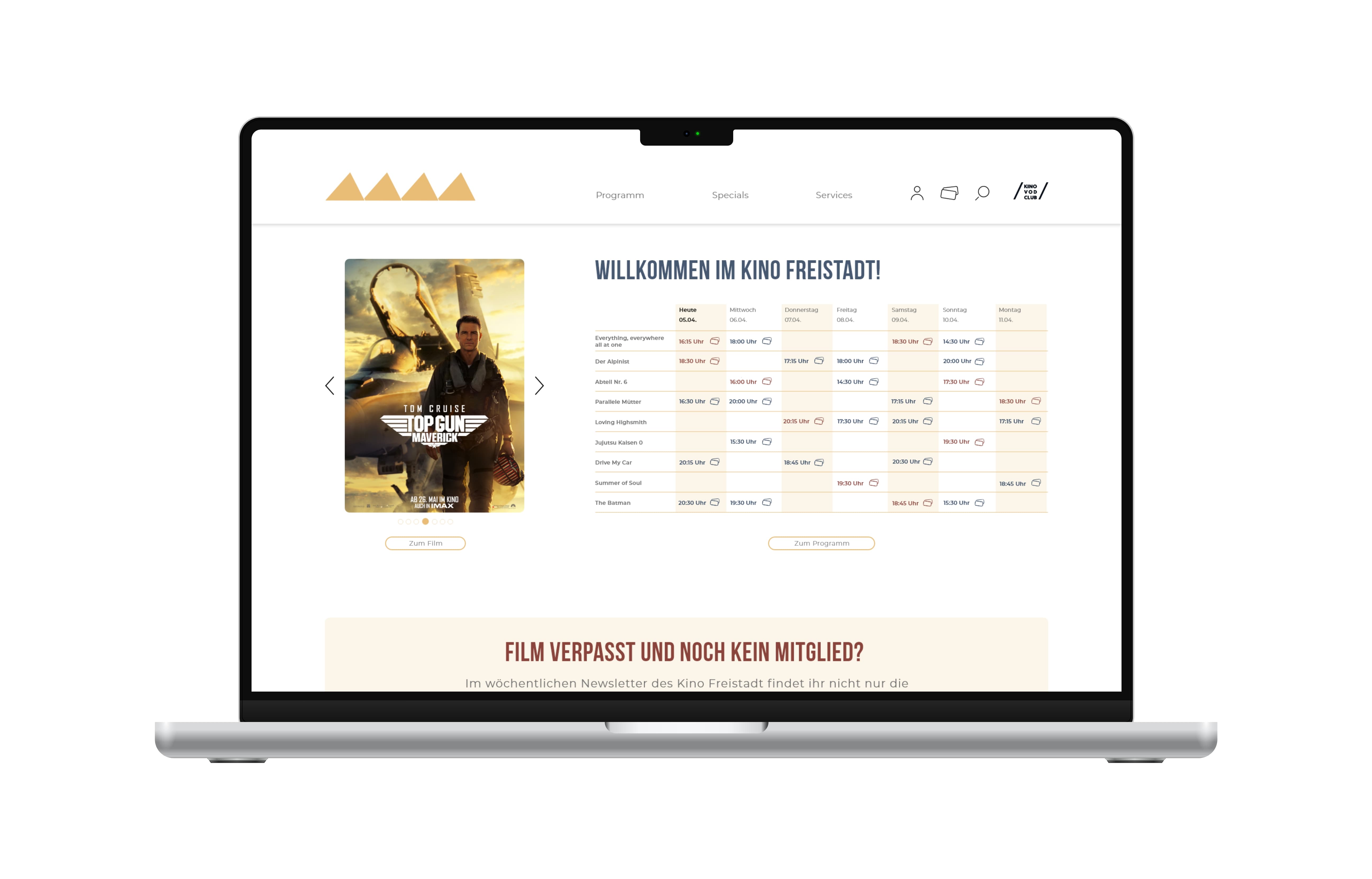 Ein Mockup der fertigen Startseite der Website des Kino Freistadt.